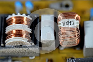 Cairo, Egypt, August 31 2023: interior of LED TV Television main board power circuit, wires, transformers, resistance, IC and