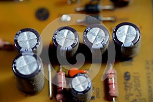 Cairo, Egypt, August 31 2023: interior of LED TV Television main board power circuit, wires, transformers, resistance, IC and