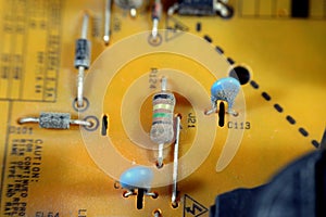 Cairo, Egypt, August 31 2023: interior of LED TV Television main board power circuit, wires, transformers, resistance, IC and