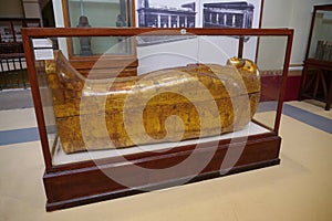 Ancient mummie in sarcophagus in museum of Egyptian antiquities in Cairo