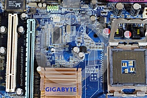 Cairo, Egypt, February 9 2024: Gigabyte main board computer motherboard FSB 1066 supports Core 2 Duo processor, Gigabyte is a