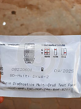 Cairo, Egypt, January 9 2024: Sirin diagnostics multi-drug test panel for rapid urine test, COC cocaine, AMP Amphetamines, THC