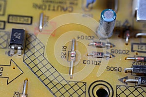 Cairo, Egypt, October 30 2023: interior of LED TV Television main board power circuit, wires, transformers, resistance, IC and