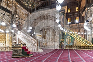 Cairo, Egypt - September 16, 2018: Interior of the Mosque of Muhammad Ali, also known as the Alabaster Mosque, Situated on the