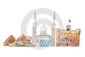 Cairo Egypt Skyline famous landmarks travel and tourism waercolor illustration.