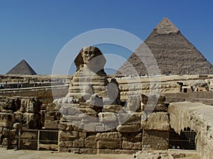 Cairo Sphinx Statue with Pyramids and Causeway Behind