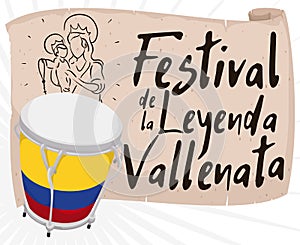 Caja and Scroll with Religious Draw Promoting Vallenato Legend Festival, Vector Illustration