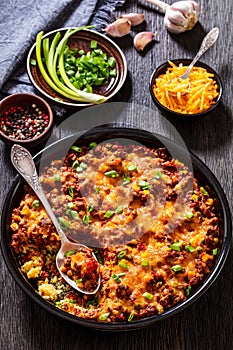 Cajun Beef Cornbread Casserole in baking dish