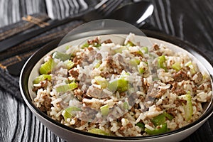 Cajun dirty rice with chicken liver, minced meat, celery and pepper and close-up in a bowl. horizontal