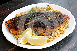 Cajun-style Blackened Red Snapper on Dirty Rice