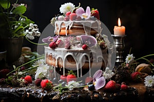 Cake adorned with flowers and fruits in enchanted garden., generative IA