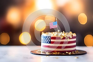 cake with american flag with bokeh background, neural network generated image