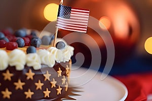 cake with american flag with bokeh background, neural network generated image