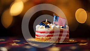 cake with american flag with bokeh background, neural network generated image