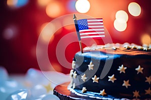 cake with american flag with bokeh background, neural network generated image