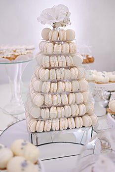Cake bar on wedding. Differnt type of sweeties on the table. Eclair, cake pops, muffins and mamy others desserts. Tower