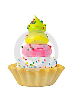 Cake basket tart with three-layer multicolored custard sweet sprinkles side view isolated on white background with clipping path