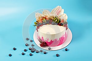 Cake with beautiful topping. Cake with berries and fruits. White icing feathers on a top of cake