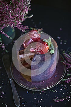 Cake with berries, covered with blue-violet glaze and chocolate with flowers, Cosmic cake, Hand Made pastry, Dark background, Sele