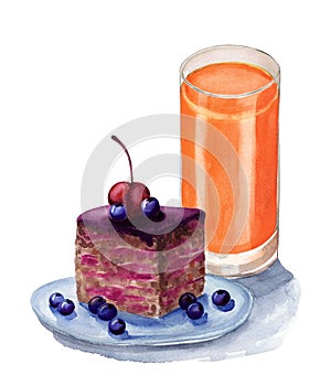 Cake with berries and glass of juice, watercolor illustration