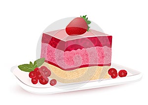 Cake with berry jelly, vector drawing, painted dessert. A piece of marmalade fruit cake on the plate decorated with berries, isola