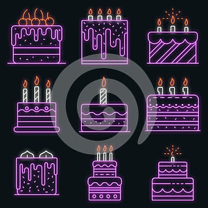 Cake birthday icons set vector neon