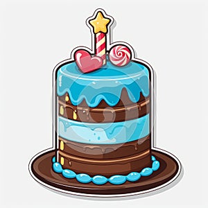 cake with blue icing, candies and star on top for birthday party, on white background. Cute illustration.