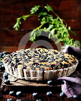 Cake with blueberries in ceramic form