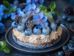 A cake with blueberries and mint leaves