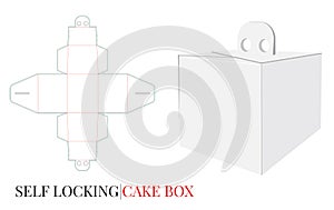 Cake Box with Handle Template, Vector with die cut lines, Delivery Cake Box, Self locking Box