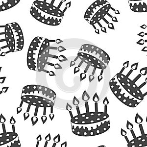 Cake with candle seamless pattern background. Business flat vector illustration. Cake pie sign symbol pattern.