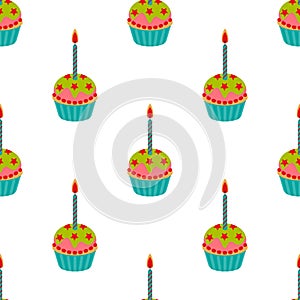 Cake with candle seamless pattern. Cake sweet dessert for holiday. Vector illustration
