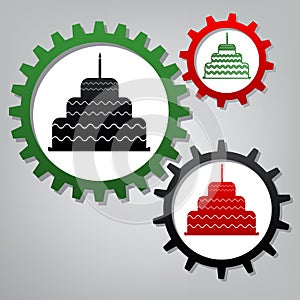 Cake with candle sign. Vector. Three connected gears with icons