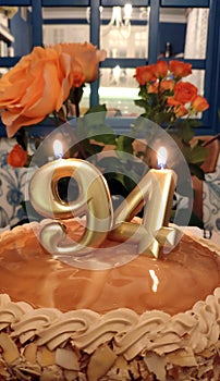 Cake with candles. 94 years old. Centenarians. Old age is a joy.