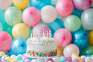 Cake with candles surrounded by multicolored balloons.