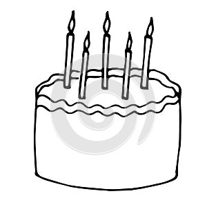 Cake with candles vector illustration, hand drawing doodle