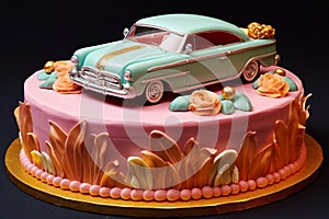 A cake with a car on it has a gold stripe on the top Vintage cakes and desserts AI generation