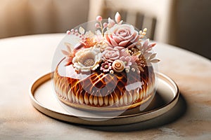 Cake in caramel glaze decorated with cream flowers