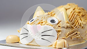 Cake cat,madeira sponge, layered and coated with caramel flavour frosting, finished with edible sugar decorations