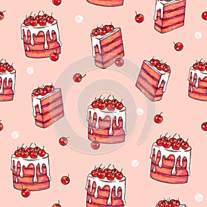 Cake cherry sweet on a pink background. Seamless pattern for design. Animation illustrations. Handwork