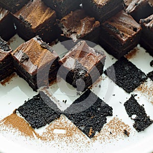 Cake chocolate brownies on white plate with leavings of brownies