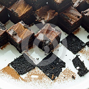 Cake chocolate brownies on white plate with leavings of brownies photo