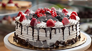 A cake with chocolate drippings and berries on a white plate, AI
