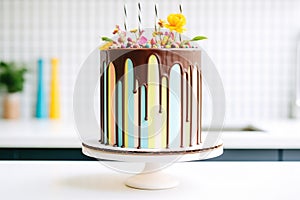 cake with chocolate ganache drip on sides