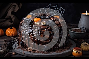a cake with chocolate icing and decorations on a plate with a candle and pumpkins in the background and a spider web on top of