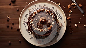 Cake with chocolate icing and nuts from above