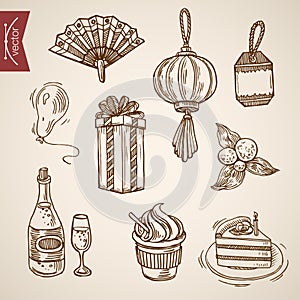 Cake coffee handdrawn engraving holiday vintage retro vector