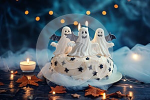 A cake covered in white frosting and adorned with spooky black bats, Friendly ghosts and cute bats celebrating a spectral birthday