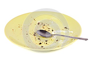 Cake crumbs leftovers on green plate with spoon photo
