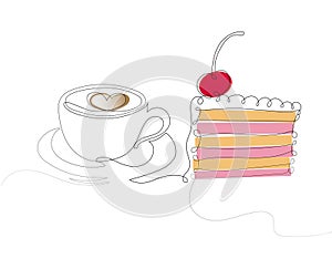 Cake and cup of coffee. One line drawing